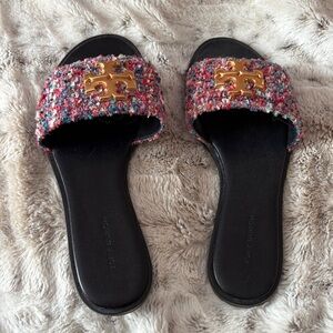 Tory Burch Black and Pink Tweed Everly Slide Sandals